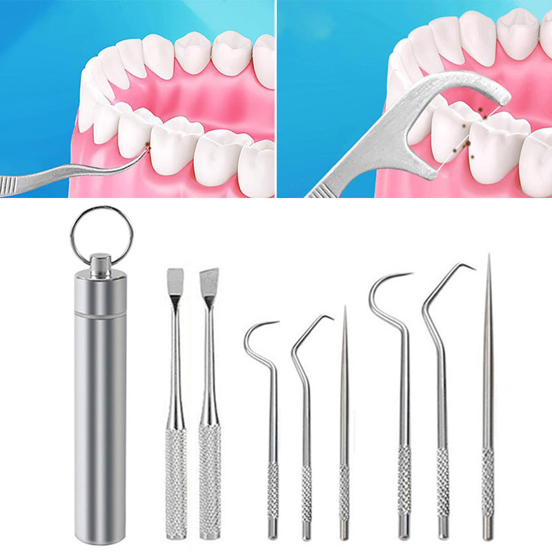 7pcs Set Metal en acier inoxydable Floss dentaire dentaire oral Tournure dentaire Portable Claiteur de dents de dents avec tube de rangement