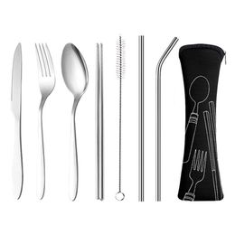 7 -stcs/set draagbare lunch flatware set met roestvrijstalen lepel lepel vork mes eetstokjes servies kit met opbergdoos voor camping