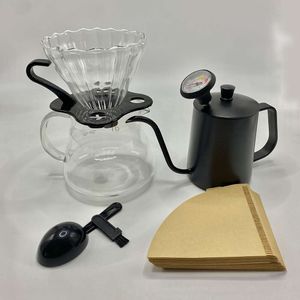 7pcs / set set p2 pour-over tasse partage bouilloire (12,17 oz) thermomètre V02 Papiers de filtre de couleur d'origine (40 feuilles) Brosse de nettoyage de scoop - Essentiel pour