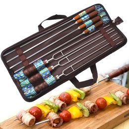 Brochettes de Barbecue en acier inoxydable, 7 pièces/ensemble, aiguille/bâtons de Barbecue portables en plein air, ensemble de fourchettes, manche en bois, outils de pique-nique
