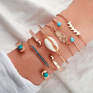 Juego de 7 pulseras con dijes de piña y concha para mujer, accesorios de Color dorado estilo playero de verano