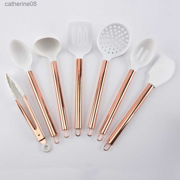 7 Uds. De utensilios de cocina de silicona, herramienta de cocina antiadherente, pinzas giratorias flexibles, espátula, cucharón, cuchara ranurada, juego de utensilios de cocina L230621