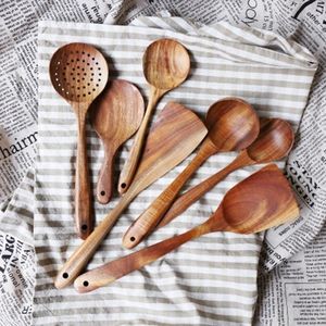 7PCS Thailand Teak Natural Wood Kitchenware Spoon Ladle Turner Long Rice Colander Soup Skimmer Cooking Spoons Scoop Kitchen Tool Set