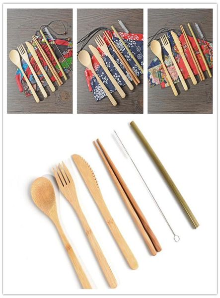 7PCSSET Ensemble de couverts en bambou Ensembles de couverts portables Couteau Fourchette Cuillère Baguettes de paille Ensemble de vaisselle pour étudiants Vaisselle de voyage Set4765892