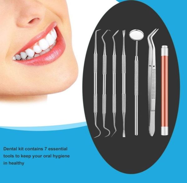 7pcsset Kit d'hygiène dentaire grattoir à dents sonde pince à épiler outils ensemble de choix dentaire en acier inoxydable miroir buccal dentiste usage domestique Tool4468360