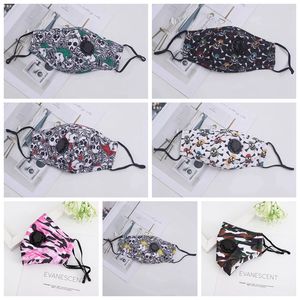 7 styles schedel gezichtsmaskers camouflage print mond masker ademhalingsklep PM2.5 katoen masker met filter pocket anti stof waas Cover GGA3602-8