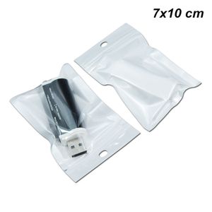 7x10 cm 200 stks / partij terug witte zelfklevende USB-kabelopslag tassen ritssluiting elektronische producten Organisatoren houder met hang gat polybag