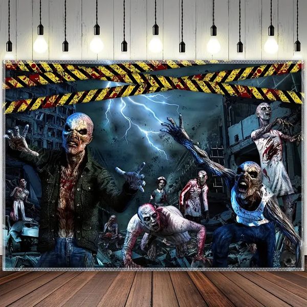 Toile de fond en polyester pour photographie de zombie d'Halloween de 2,1 x 1,5 m – Effrayez vos photos avec des décorations de bannière de cordon de sang de ruines de ville détruites