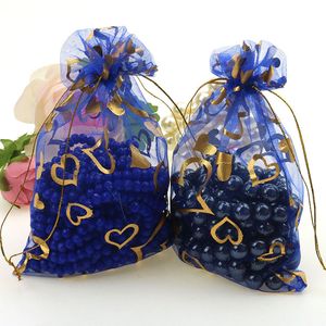 7x9cm corazón azul bronceado Organza joyería bolsas populares Pochette tul bombón pequeña bolsa de embalaje 100 unids/lote venta al por mayor