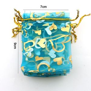 7x9 cm bleu clair coeur bronzant bijoux sacs populaires pas cher pochettes en Organza Embalagens Para Doces 100 pcs/lot sac en gros