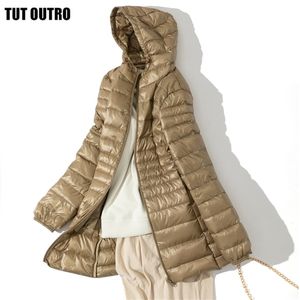 7XL Ultra Léger Automne Hiver Femme Duvet De Canard Blanc À Capuche Longue Veste Femme Pardessus Mince Solide Vestes Manteau Portable Parkas 211215