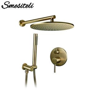 8/10/12 inch massief messing douche set badkamer ronde kop tapkraan luxe gouden handshower diverter mixer gouden handheld spray set x0705