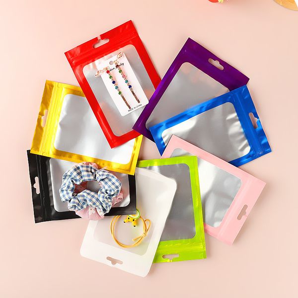 8*10 bolsas coloridas de Mylar bolsas colgantes con cremallera con ventana transparente para embalaje de exhibición de joyería bolsa de papel de aluminio reutilizable autosellante