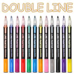 8/12 PCS Overzicht Paint Marker Pen Dubbele lijn DIY Album Pakboeking Metal Glitter voor tekening schilderen Doodling