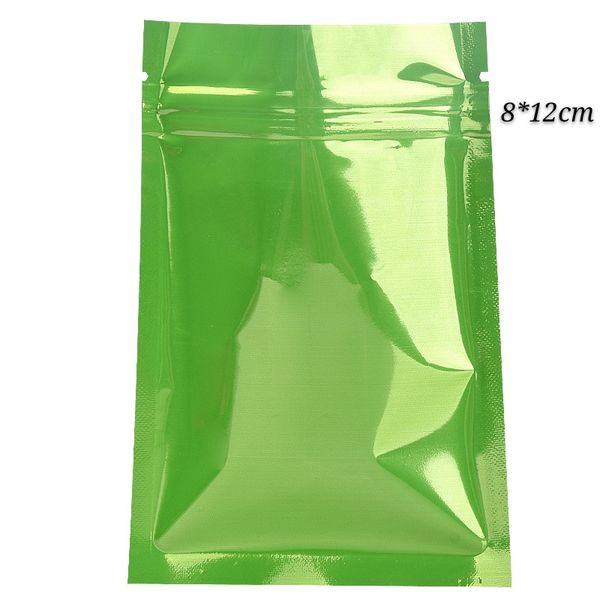 8*12 cm 200 piezas verde brillante 3 lados sellado embalaje bolsas de plástico con cremallera bolsas de embalaje de grado alimenticio seco bolsa de almacenamiento de café y té