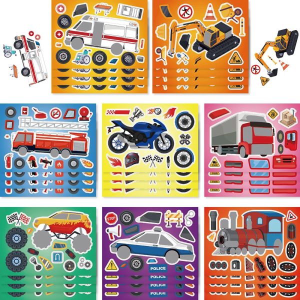 8/16Sheets Enfants Engineering Car Stickers Puzzle Faire un visage Toys Cool Crane Motorcycle Train Truck Assemble Jigsaw pour les enfants