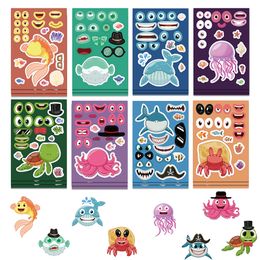 8/16Sheets Ocean Sea Animal Puzzle Stickers maken een gezicht Kinderen maken je eigen haai octopus kinderen educatief diy jigsaw speelgoed