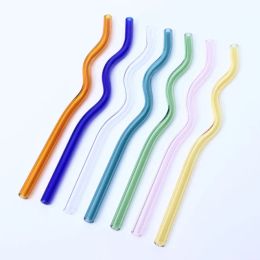 8 * 200mm Réutilisable Eco Borosilicate Verre Pailles À Boire Haute résistance à la température Paille De Cocktail De Lait Ondulé Courbé De Couleur Claire