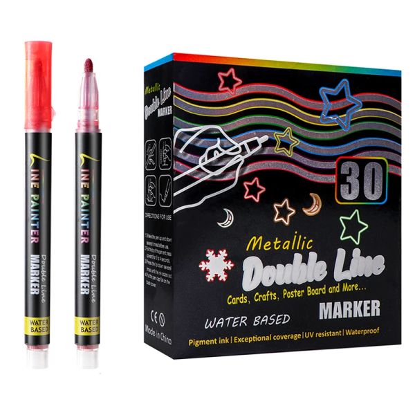 8/24/30 Colours Double Line Sett Art Pen Set Metallic Diy Graffiti Highlighter Marker Pen pour peindre l'écriture de fournitures scolaires