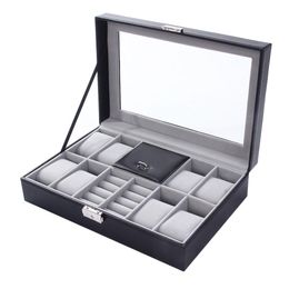 Boîtes de montre Grilles mélangées Wacth Box Cuir Case Rangement Organisateur de joads de luxe Affichage Black Quality 2 en 1
