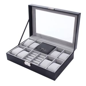 Watch Boxes Mixed Grids Wacth Box Leather Case Organizer Luxe Sieraden Ring Display Zwart Kwaliteit 2 In 1