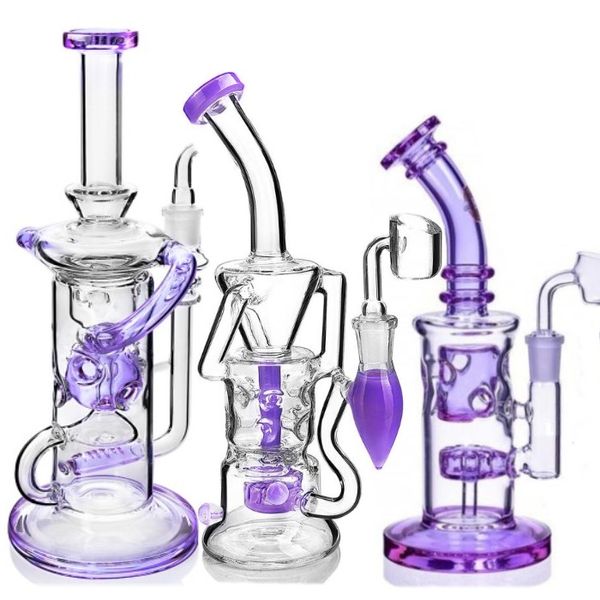 8,4 pouces Violet Vert Foncé Bong Klein Recycler Dab Rigs Verre Épais Bongs D'eau Fumer Des Tuyaux En Verre Petit Bong Avec 14mm banger