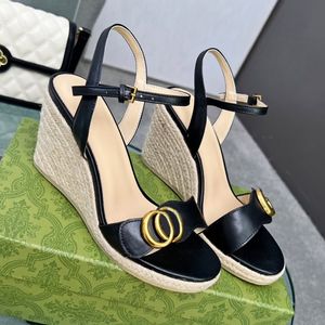 8.5cm Linen Wedge Leather Ankle Strap Summer Holiday Platform Women's Designers Sandal Hand Made Shoe Metal Buckle Decoration High Heels luxury designer sandals