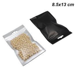 8.5x13 cm 100 Pcs Lot Noir Mat Clair Translucide Mylar Feuille Sac Trou Suspendu En Aluminium Refermable Alimentaire Sacs De Stockage À Long Terme Pochettes Mylar