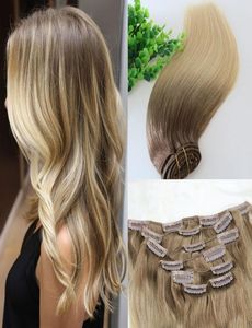 8 60 613 Clip de tête complète dans les extensions de cheveux humains Ombre Brun Moyen Ombre Cheveux Blond Clair Balayage Faits Saillants 7 PCS beaucoup 120g3582497