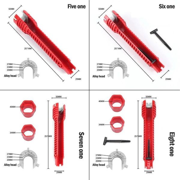 Llave de canal de reparación de cocina antideslizante 8/7/6/5 en 1, llave de grifo de fregadero, llave de tubo de plomería, juego de herramientas de baño