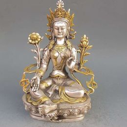 8,86 pouces/Tibet Argent Cuivre Doré Statue Bouddhisme Tibétain -- Blanc Tara Bouddha