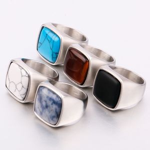 8/9/10/11/12/13 Acero inoxidable Hombres Mujeres Anillo Negro Blanco Rojo Ojo de tigre Color Ágata Piedra Vintage Punk FingerJewelry Impermeable Nunca se desvanece Accesorio de regalo masculino