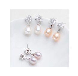 Pendientes de flores de cristal de 8-9-10mm, candelabro colgante, pendientes de perlas naturales de agua dulce, joyería de moda para mujer/niña blanca, púrpura, rosa