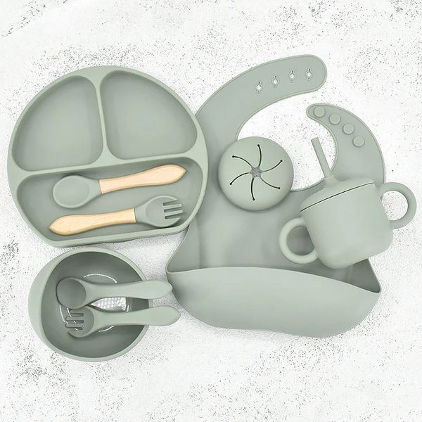 8/9/11 pièces bébé Silicone alimentation vaisselle ensemble sourire ventouse plaque grande oreille eau tasse mamelon sac de rangement enfant plats sans BPA 231229