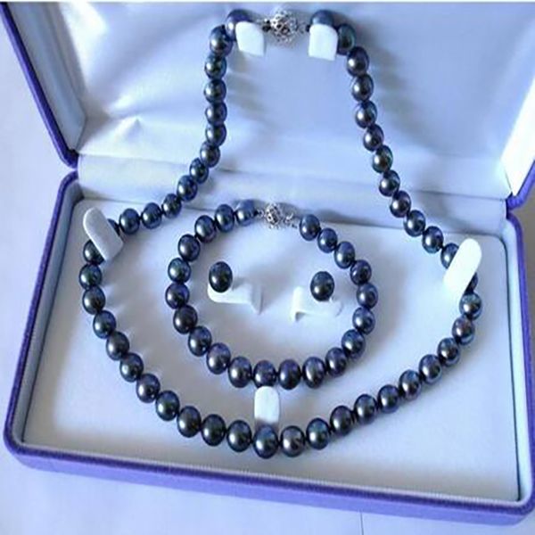 8-9 mm Real Black Akoya Pearl Bracelet Collier Boucles d'oreilles