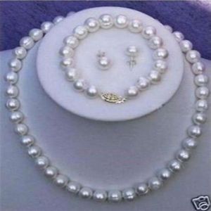 Collier et boucles d'oreilles en perles de culture d'eau douce blanches, 8-9mm, ensemble 256c