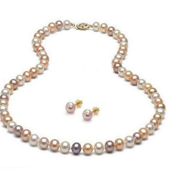 8-9mm blanc rose violet multicolore collier de perles naturelles de la mer du Sud 20 pouces ensemble de boucles d'oreilles 14k Gold178U