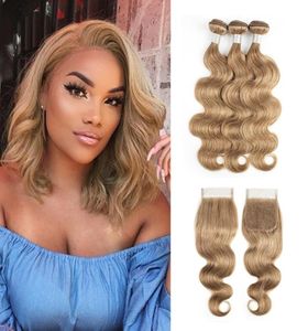 8 Ash Blond Human Hair Weave Bundels met sluiting Braziliaans maagdelijk haar 34 bundels met 4x4 kanten sluiting Remy Human Hair Extens5918848