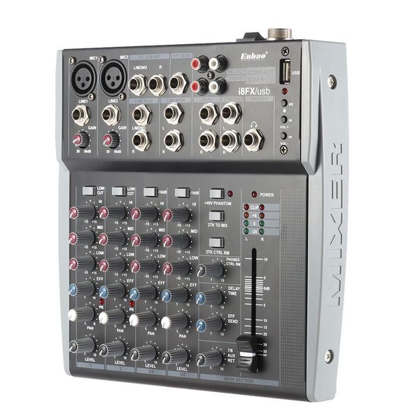 Livraison gratuite Console de mixage de musique audio EQ 3 bandes à 8 canaux avec entrée USB XLR LINE Alimentation fantôme 48 V pour l'enregistrement de karaoké sur scène DJ