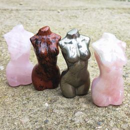 8 cm Cristal Déesse Naturel Rose Quartz Statue Pyrite Sculpté Femme Torse Rouge Obsidienne Gemme Corps Sculpture Aura ange pierre Yoga Po198y