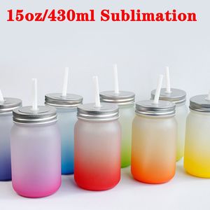 Gobelet givré par Sublimation de 430ml, 8 couleurs, avec couvercle, bouteilles d'eau droites dégradées de paille, tasses à vin à transfert de chaleur, DIY