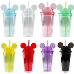 Gobelet en acrylique de 8 couleurs de 15 oz avec couvercle en dôme et paille à double paroi en plastique transparent avec oreille de souris, tasse à boisson mignonne réutilisable, belle FY4301 1030