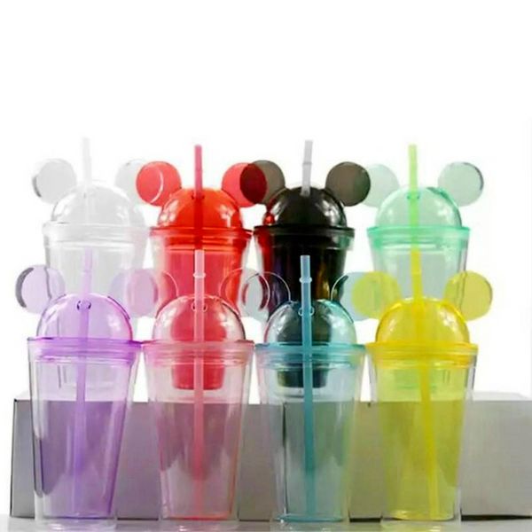 Gobelet en acrylique de 8 couleurs de 15 oz avec couvercle en dôme et paille, gobelets en plastique transparent à double paroi avec oreille de souris, tasse à boisson mignonne réutilisable, belle cx22