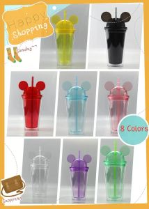 8 couleurs 15 oz souris oreille gobelet avec couvercle dôme 450 ml acrylique tasses pailles double paroi voyage tasses mignon enfant enfant bouteilles d'eau