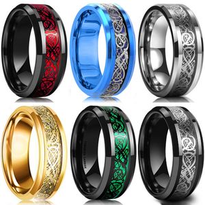 8 kleuren 8mm Heren Rvs Dragon Ring Inlay Rood Groen Zwart Koolstofvezel Ringen Wedding Band Sieraden maat 6-13