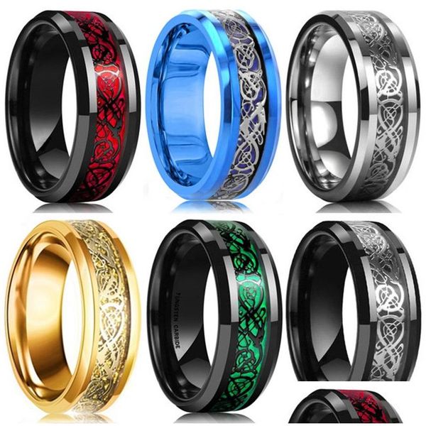 8 couleurs 8 mm hommes en acier inoxydable dragon anneau incrusté rouge vert noir anneaux en fibre de carbone bande de mariage bijoux taille 6-13 Drop De Dhgarden Ot2Wr