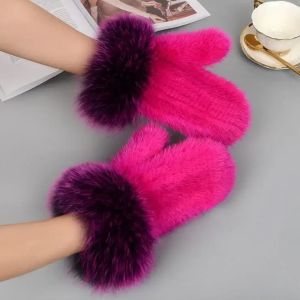8 couleurs mode chaude réalité véritable gants de fourrure de vison en tricot avec la fourrure de fourrure de renard garniture des femmes hivernales
