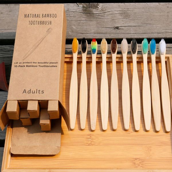 8 couleurs brosse à dents en bambou pur naturel portable brosse de protection de l'environnement douce outil de nettoyage oral en gros couleur arc-en-ciel en bois