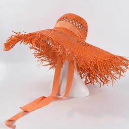 8 kleuren Raffia Big Brim Beach Hats For Women Wide Ram Sun Hat Ladies Hollow Breathable Summer Cool Straw Hat Groothandel 240404
