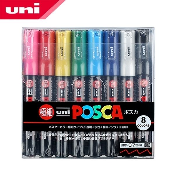 8 couleurs Set Uni Posca PC-1M marqueur de peinture- Fine Bullet Tip-0.7mm 8 couleurs marqueurs d'art fournitures scolaires de bureau 210226